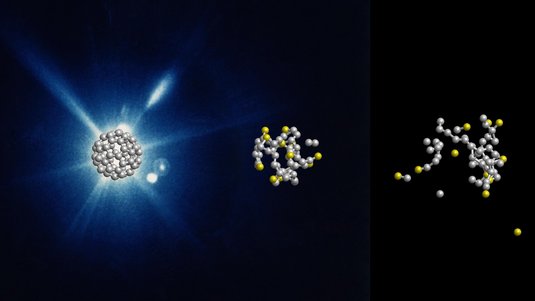 Das Bild zeigt die Computersimulation eines Moleküls, das sich nach und nach in einzelne Kohlenstoffatome auflöst.