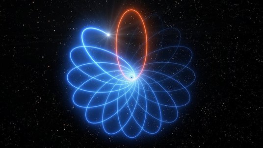Künstlerische Darstellung der rosettenförmigen Umlaufbahn um das Schwarze Loch 