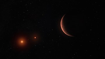 Sichel eines Planeten neben zwei Sternen