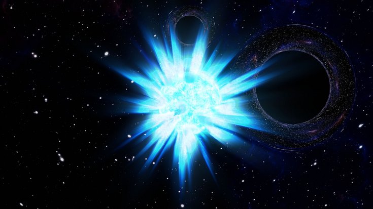 Grafik eines großen sternenförmigen Gebildes im All, im Hintergrund sieht man ein schwarzes Loch.