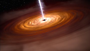 Eine orangefarbene Scheibe umgibt ein Schwarzes Loch, von dem ein heller Lichtstrahl ausgeht.