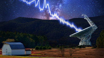 Radioteleskop und symbolhafte Darstellung eines Radioblitzes aus dem All