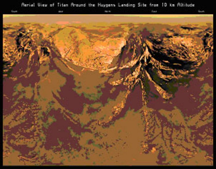 Vogelperspektive der Huygens-Landestelle auf Titan in 10 km Höhe.
