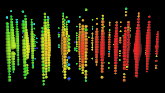 Unterschiedlich große Kreise illustrieren ein von IceCube aufgezeichnetes Signal