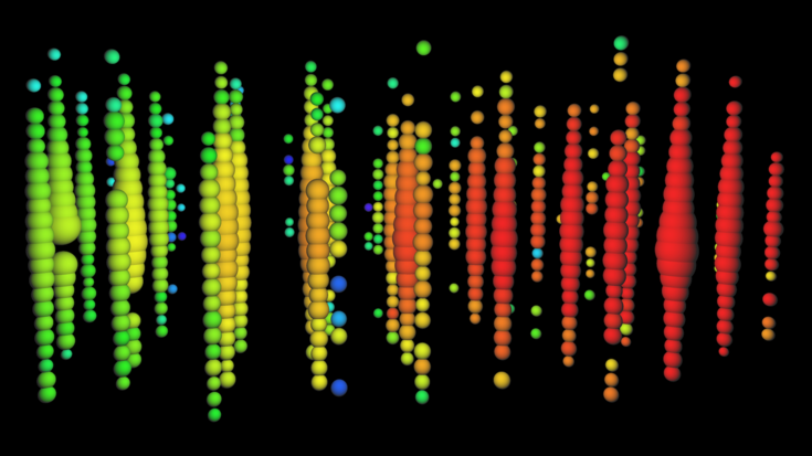 Detektorspur eines hochenergetischen Neutrinos Unterschiedlich große Kreise illustrieren ein von IceCube aufgezeichnetes Signal
