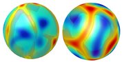 Auf zwei Kugeln sind Parameter des Erdkerns modelliert. Es sind wabenartige Strukturen zu erkennen.