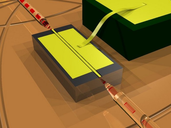 Zentral ist ein großer Block mit einer gelben Schicht zu sehen, auf den von links oben und rechts unten eine Glasfaser zuläuft. Der Block ist über ein breites Band mit einem weiteren Block rechts im Bild verbunden.