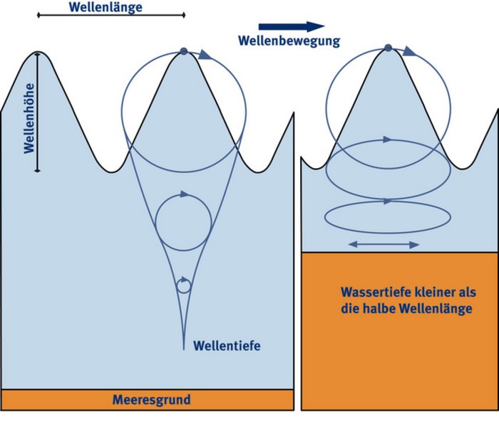 Diese Grafik zeigt, wie sich die Wasserteilchen bei Wellengang bewegen. Links sieht man, dass die Wasserteilchen sich auf Kreisbahnen bewegen, deren Radien mit der Tiefe abnehmen. Links ist zu sehen, was passiert, wenn das Wasser zu flach ist. Die Teilchen bewegen sich auf Ellipsen, die immer flacher werden, je näher man dem Boden kommt. Ganz unten bewegen sich die Teilchen fast nur noch vor und zurück.