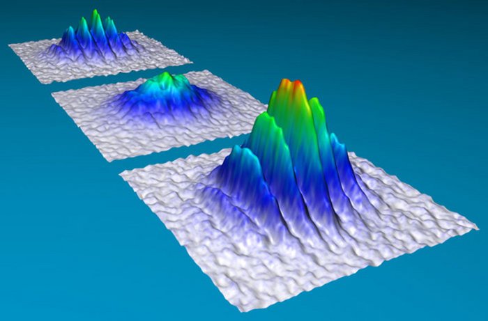 Interferenzmuster zeigen die Entstehung eines Quantengatters Bunte Grafik zeigt eine wachsende Erhöhung.