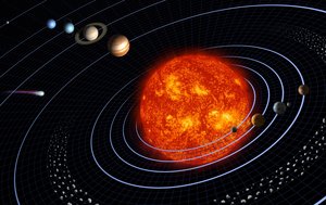 Die Ilustration zeigt acht Planeten und ihre Umlaufbahnen um die Sonne.