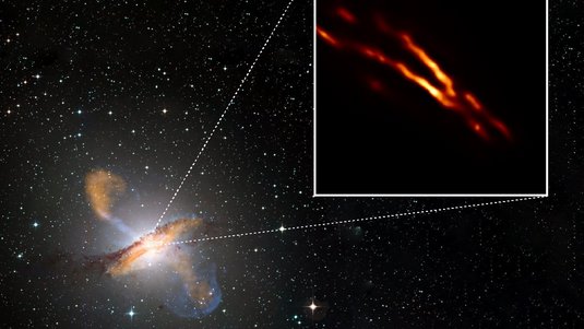 Das Bild zeigt eine Aufnahme der Galaxie sowie ein Detailbild des Zentrums.