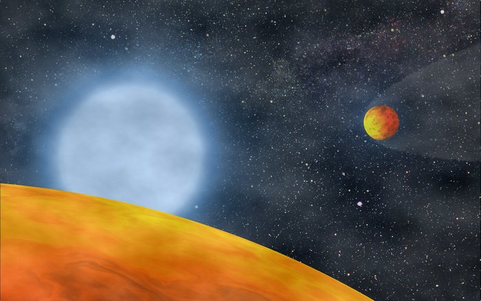 Zwei rotglühende Planeten umreisen einen heißen Stern.