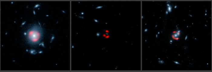 Drei Starburst-Galaxien Drei Aufnahmen von Galaxien, die durch den Gravitationslinsenffekt verzerrt sind.