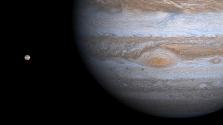 Abbildung von Jupiter mit einem Mond. 