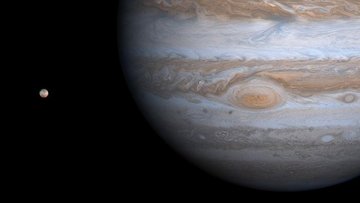 Abbildung von Jupiter mit einem Mond. 