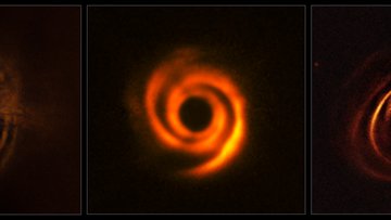 Die Bilder links und rechts zeigen mehrere konzentrische Ringe, das Bild in der mitte zwei Spiralarme.