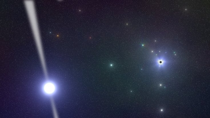 leuchtender Pulsar im All, von dessen Polen Röntgenstrahlen ausgehen, daneben ein Schwarzes Loch
