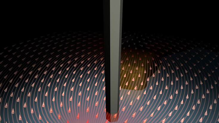 Nanodrahtsensor, Bildquelle: Departement Physik der Universität Basel; Lizenz: gemäß den Bedingungen der Quelle Ein Nanodrahtsensor kann sowohl die Grösse als auch Richtung von Kräften messen