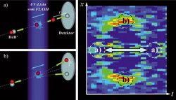 Links sind die Moleküle als Schema zu sehen, die im Strahl des UV-Lichts gespalten werden, Fragmente treffen auf die kreisrunde Detektorplatte. Rechts sind die Häufigkeiten des Auftreffens der Moleküle auf dem Detektor dargestellt, bei stärkeren Auftreffen ist die Farbskala gelb bis rot, bei wenig auftreffen blau bis grün.