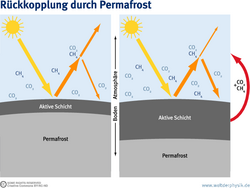 Infografik. Im Querschnitt sind zweimal die Atmosphäre und der Boden dargestellt. Im Boden liegt unter einer aktiven Schicht der Permafrost. Rechts ist die aktive Schicht dicker als links. In der Atmosphäre ist rechts der Gehalt an Kohlendioxid und Methan größer als links - zu erkennen an der Zahl der Moleküle. Somit ändert sich der Strahlungshaushalt. Mehr Wärme bleibt am Boden. Das ist durch Pfeile symbolisiert.