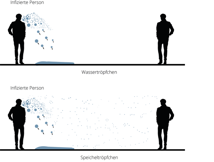 Vergleich von Speichel und Wasser Die Abbildung ist in zwei Teile geteilt und zeigt jeweils zwei Personen, die sich gegenüberstehen. Eine infizierte Person gibt Speichel- beziehungsweise Wassertröpfchen ab, die durch Punkte gekennzeichnet sind. Während Wassertröpfchen zu Boden fallen, sind die Speicheltröpfchen auf der gesamten Fläche vorhanden.