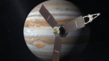 Die Illustration zeigt die Raumsonde Juno vor dem Planeten Jupiter.