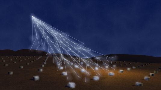 Schematische Darstellung eines Teilchenschauers und mehrerer Detektoren.