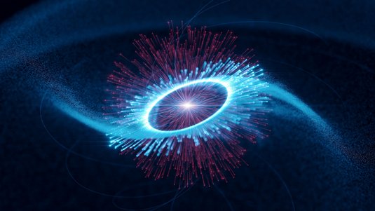 Kreisförmiges Gebilde im All; in seinem Inneren deutet ein heller Punkt eine Explosion an, von der rote und blaue Teilchen hinausgeschleudert werden