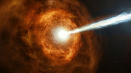 Künstlerische Darstellung einer Sternexplosion mit einem von dort ausgehenden gebündelten Strahl