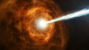 Künstlerische Darstellung einer Sternexplosion mit einem von dort ausgehenden gebündelten Strahl
