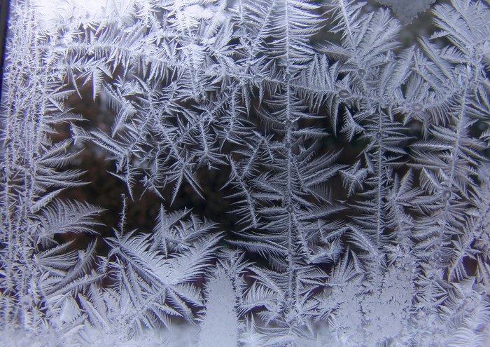 An einer Fensterscheibe sind zahlreiche Eisblumen zu sehen.