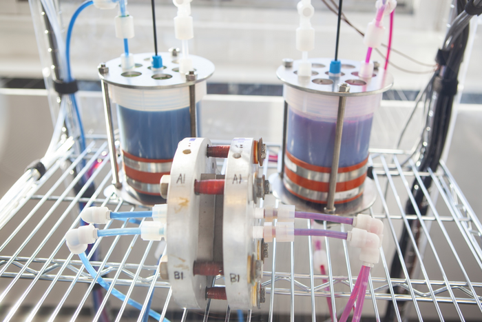 Prototyp der neuartigen Flussbatterie Konstruktion aus zwei aufrecht und parallel zueinander stehenden, metallisch glänzenden, dicken Scheiben. Links und rechts ragen Kabel darau hervor, die zu zwei zylindrischen Behältern im Hintergrund führen.