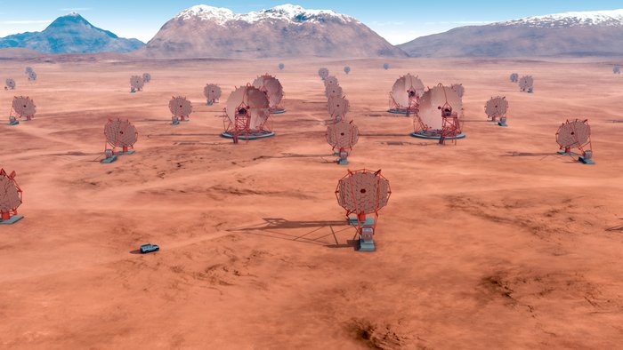 Illustration des Cherenkov Telescope Array In der modellierten Darstellung sind mehrere Teleskope des CTA abgebildet, die unterschiedliche Größen haben. Dabei sollen die Teleskope mit dem geringsten Spiegeldurchmesser die energiereichsten Gammaquanten messen.