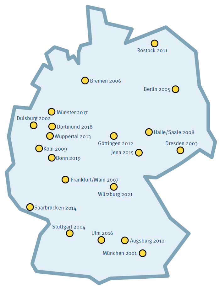 Auf einer Deutschlandkarte sind die bisherigen Orte der Highlights der Physik markiert.