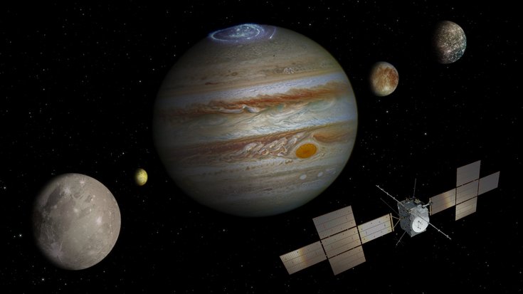 Nicht maßstabsgetreue Darstellung vom Jupitersystem | ESA/DLR/ATG medialab/NASA/JPL/J. Nichols/University of Leicester/University of Arizona Vor dunklem Hintergrund sind Jupiter und seine Monde als fünf verschieden große Kugeln dargestellt. Vor dem System zieht eine Raumsonde vorbei.