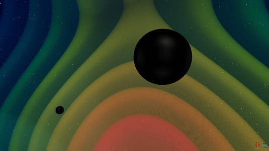 Wellensignale breiten sich von zwei ungleich großen, schwarzen runden Objekten aus.