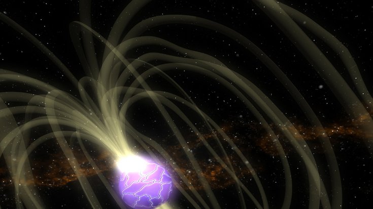 leuchtende Kugel vor Sternenhintergrund, Magnetfeld durch Linien angedeutet