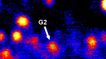 Ein kleiner Kreis im zentrum markiert die Position des Schwarzen Lochs. Direkt daneben das mit einem Pfeil markierte Objekt G2. In der Umgebung weitere Strahlungsquellen.