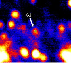 Ein kleiner Kreis im Zentrum markiert die Position des Schwarzen Lochs. Direkt daneben ist das mit einem Pfeil markierte Objekt G2. In der Umgebung sind weitere helle Punkte.