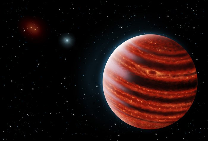 Künstlerische Darstellung von 51 Eridani b. Jupiterähnlicher Planet vor Sternenhintergrund.