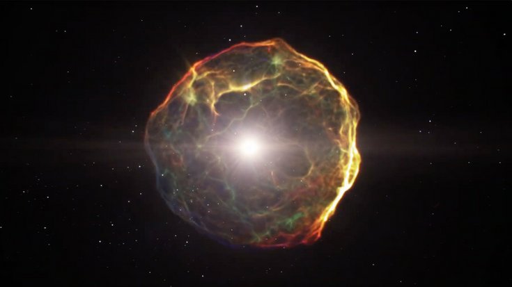 Illustration einer Supernova | Bildquelle: ESA/Hubble/L. Calçada/Nick Risinger Die Illustration zeigt in der Mitte einen hellen Kreis, der von einer konzentrischen Materiehülle umgeben ist.
