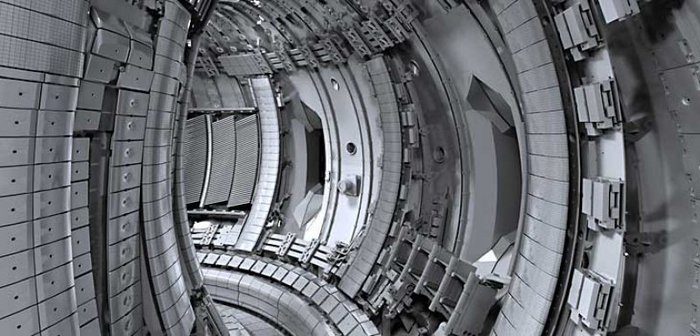 Blick ins Innere der weltweit größten Fusionsmaschine Das Innere der Magnetspule, eine mehrere Meter hohe Mittelsäule, darum herum ein Tunnel mit rundem Querschnitt. Alle Wände mit unterschiedlich großen Metallplatten bedeckt, im Hintergrund ein kleiner Mensch in gelbem Schutzanzug.