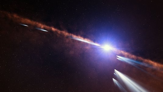 Heller Stern mit einer auf Kante gesehenen Scheibe aus leuchtendem Material, im Vordergrund mehrere Kometen.