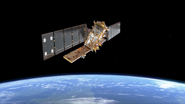 Die Abbildung zeigt einen Satelliten im Weltraum. Unter ihm befindet sich die Erde.