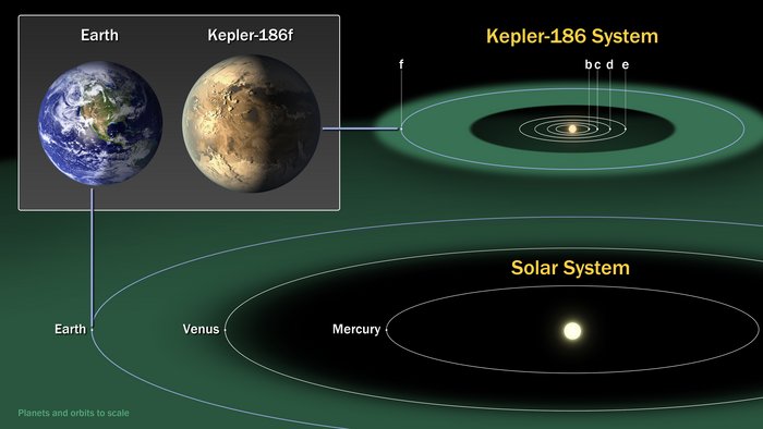 Vergleich des Sonnensystems mit Kepler-186 Darstellung der Umlaufbahnen der fünf Planeten von Kepler-186 (oben) und der Planeten Merkur, Venus und Erde (unten), in beiden Fällen ist die lebensfreundliche Zone hell markiert. Die Bahn von Kepler 186-f liegt nahe am äußeren Rand der lebensfreundlichen Zone, die Bahn der Erde mittendrin. Links als Kasten ein Größenvergleich zwischen der Erde und Kepler-186-f, letzterer ist geringfügig größer.