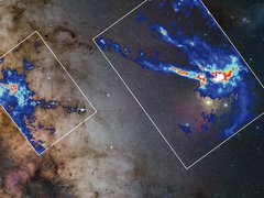 Wolken mit komplexer Struktur, überlagert farblich kodierte Karte der Abschwächung des Sternenlichts