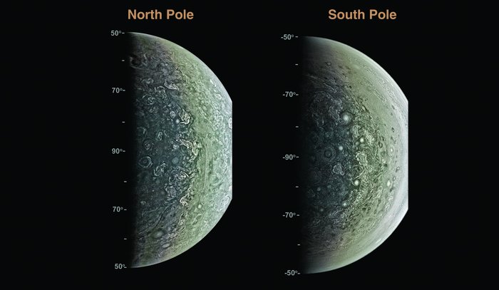 Zwei Fotos vom Jupiter, einmal ist der Nord-, einmal der Südpol abgebildet.