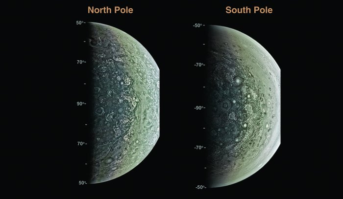 Nord- und Südpol von Jupiter Zwei Fotos vom Jupiter, einmal ist der Nord-, einmal der Südpol abgebildet.