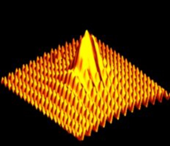 Elektronische Signal eines Dotieratoms Computerbild: Kegelförmige Erhebung in einer genoppten Ebene