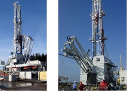 Zwei Fotos. Bohranlage mit Turm und seitlicher Hebevorrichtung.